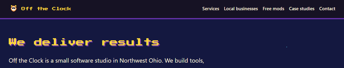 The top of the Off the Clock Software website: the logo, the menu and the headline 'We deliver results'